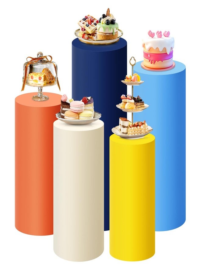 SaitiMade Set of 5 Yellow Beige Orange Navy Blue Cylinder Pedestal Stand Covers, 5pcs Spandex Mixed Colors Cylinder Stand Covers for Party, Wedding or Birthday Event Decor (Only Contains Colorful Cylinder Covers) - Image 1